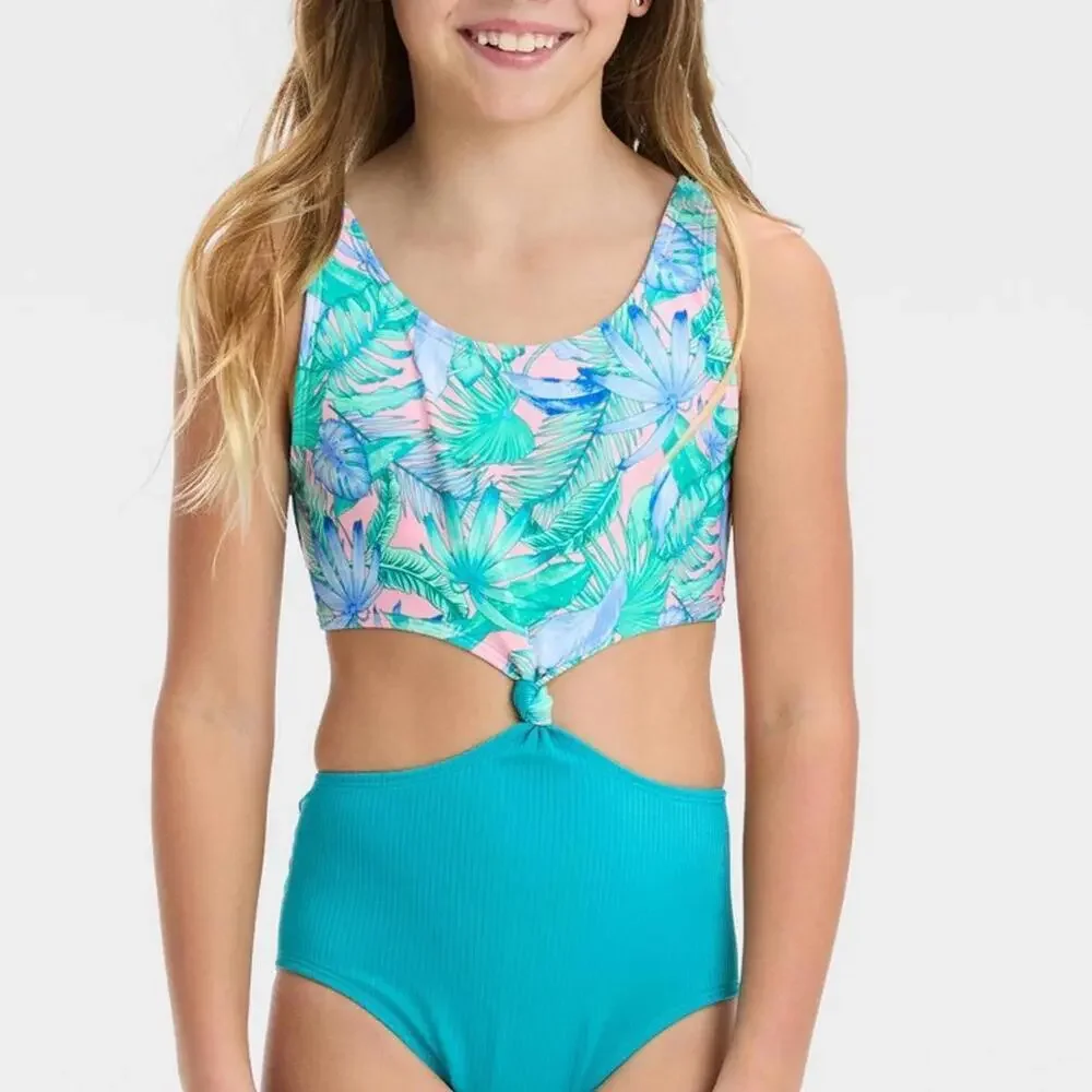 Girls' Floral Printed Tropical Twist Swimsuit | Art Class | XS (4/5)